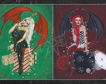 Gothic Christmas Demons 19x13 Print Dark Holiday Fantasy Art Lights Wings Presents Ornaments Red Green Black Corset Illustration Duo