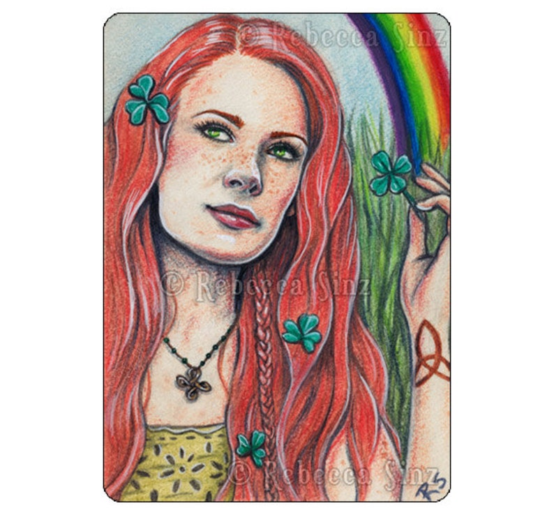 Irish Magic Limited Edition ACEO Artist Trading Cards ATC Print Shamrocks St. Patrick's Day Red Hair Freckles Rainbow Celtic Knots Clover image 1