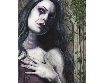 Unrest ACEO PRINT Victorian Ghost Woman Haunted Purple Corset Green Ivy Dark Portrait Watercolor Fantasy Artist Trading Cards ATC