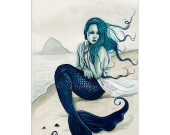 Windswept ACEO Print Gothic MERMAID shore Sea Swept Series Artist Trading Cards ATC Fantasy Art beach teal blue green sea