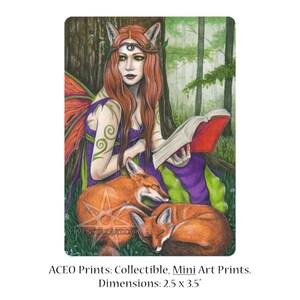 Moments calmes ACEO artiste imprimeur cartes à collectionner ATC fée des bois renard fille renards lecture livre tête rouge robe colorée arbres forêt fantaisie