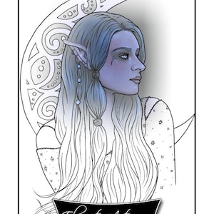 Coloring Page PRINTABLE Gothic Fantasy Art Crescent Moon Celestial Elf Goddess Adult Coloring Instant Digital Download Line Art Printable