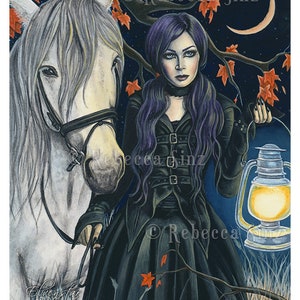 The Night Watch PRINT Gothic Fantasy Art Horse Witch Elf Woman Autumn Night Crescent Moon Leaves Lantern Dark 4 SIZES Luxe Matte 11 x 14 inches