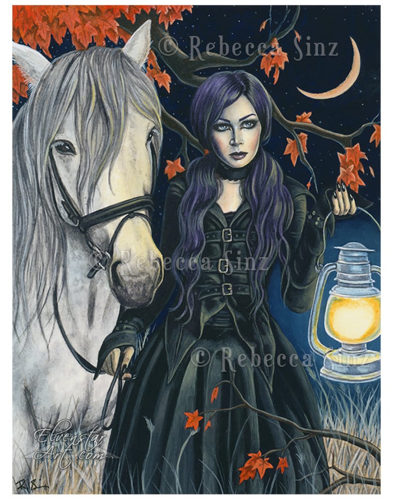 The Night Watch PRINT Gothic Fantasy Art Horse Witch Elf Woman Autumn Night Crescent Moon Leaves Lantern Dark 4 SIZES Luxe Matte 11 x 14 inches