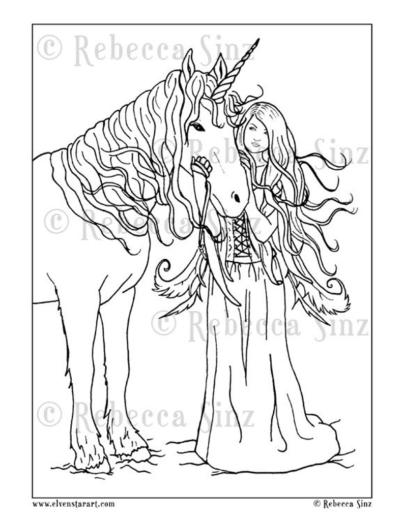 coloring page printable gothic fairy unicorn fantasy art