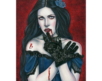 Sanguine ACEO PRINT Victorian Vampire Blood Horror Corset Portrait Pale Red Blue Watercolor Gothic Fantasy Dark Artist Trading Cards ATC