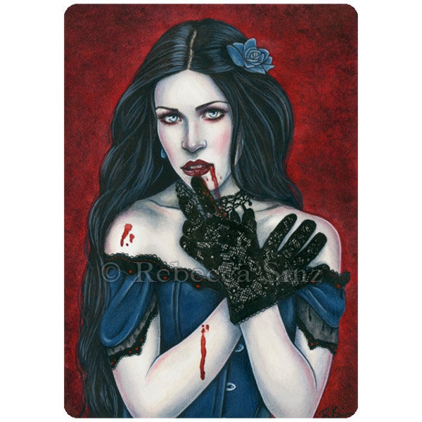 Sanguine ACEO PRINT Victorian Vampire Blood Horror Corset Portrait Pale Red Blue Watercolor Gothic Fantasy Dark Artist Trading Cards ATC