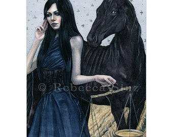 Famine ACEO print Four Horsemen of the Apocalypse Locusts Scales Starving Black Horse Gothic Fantasy Art Blue Artist Trading Cards ATC