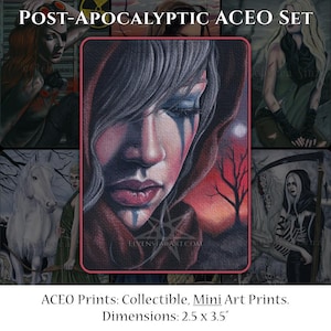 Apokalypse ACEO Print Set Postapokalyptische Reiter 4 Reiter Ödland Atomkrieg Ruinen Pferde Tod Pestilenz Künstlerkarten ATC