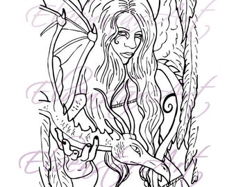 DIGI Stamp Printable Scrapbooking Card Making Crafts Fantasy Gothic Angel Dragon Wings tattoo Digital Stamp Download Coloring