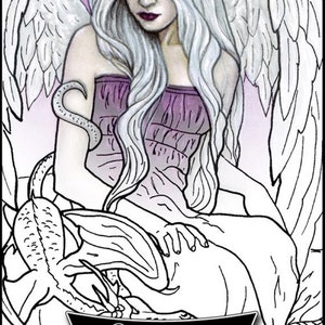May include: A black and white coloring page featuring a woman with long white hair and large wings. She is sitting with a small dragon in her lap. The text "Elvenstar Art Coloring Page" is at the bottom of the image.