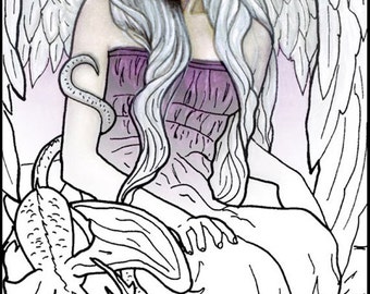 Coloring Page PRINTABLE Angel Dragon Fantasy Art Instant digital download adult coloring Hobby