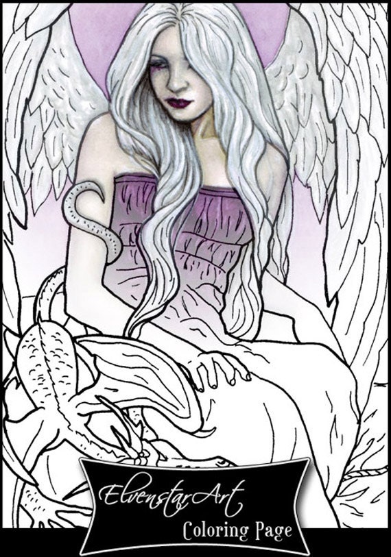 Coloring Page PRINTABLE Angel Dragon Fantasy Art Instant digital download adult coloring Hobby