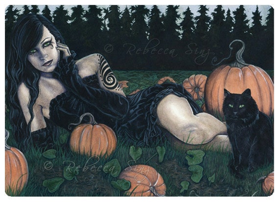 Gothic Fantasy Art ACEO PRINT Pumpkins Halloween Cat