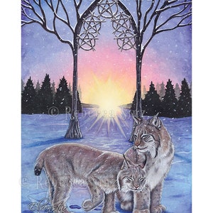 5 of Pentacles Tarot Card Art PRINT Lynx Snow Winter Sunrise Trees Blue Pink Cold Watercolor Colored Pencil Animals Cats 4 SIZES Luxe Matte 11 x 14 inches