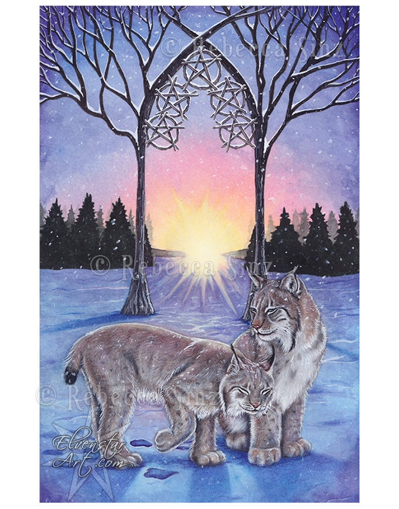 5 of Pentacles Tarot Card Art PRINT Lynx Snow Winter Sunrise Trees Blue Pink Cold Watercolor Colored Pencil Animals Cats 4 SIZES Luxe Matte 11 x 14 inches