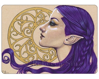 Filigree ACEO print Fantasy Art Elf Fairy Woman Purple Hair Braid Gold Portrait Profile Face Artist Trading Cards ATC