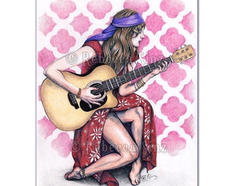 Bohemian Rhapsody ACEO PRINT Art Colored Pencil Acoustic Guitar Boho Musician Hippie Woman ATC