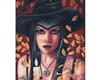 Autumn Magick ACEO print Gothic Witch Hat Witchcraft Halloween Candle Candlelight Fantasy Art Fall Colors Leaves Trees Samhain