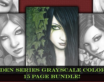GRAYSCALE Coloring Book Pages PRINTABLE Instant Digital Download Gothic Fantasy Art Women Faces Flowers Plants Garden Floral Adult Coloring