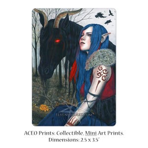 Bösartigkeit ACEO Druck Elfe Fantasy Kunst Pooka Fae Fee Blaues Haar schwarzes Pferd Hörner Böses Bad Omen Tattoos Tribal Artist Sammelkarten ATC
