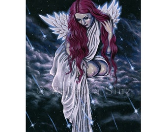 Raining Stars ACEO Print Artist Trading Cards ATC Angel Wings Fantasy Art Celestial Shooting Stars Woman Feminine Pink Purple Hair Clouds