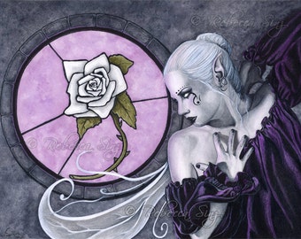The White Rose PRINT Fairy Fantasy Stained Glass Window Gothic Art Watercolor Purple Black Gray Wings 3 SIZES