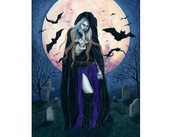 Harvest Moon ACEO print Gothic Halloween Witch Bats Artist Trading Cards ATC Fantasy Art Cemetery Tombstones Night