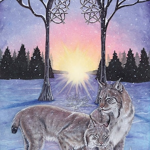 5 of Pentacles Tarot Card Art PRINT Lynx Snow Winter Sunrise Trees Blue Pink Cold Watercolor Colored Pencil Animals Cats 4 SIZES 5 x 7 inches