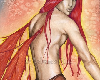 Male Fairy ORIGINAL PAINTING Twilight Sunset Sunrise Fire Red Fantasy Portrait Fae Red Orange Wings Glow Magic Watercolor