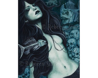 Dead Sea ACEO Print Gothic MERMAID skulls fish skeletons Artist Trading Cards ATC Fantasy Art Teal Dark