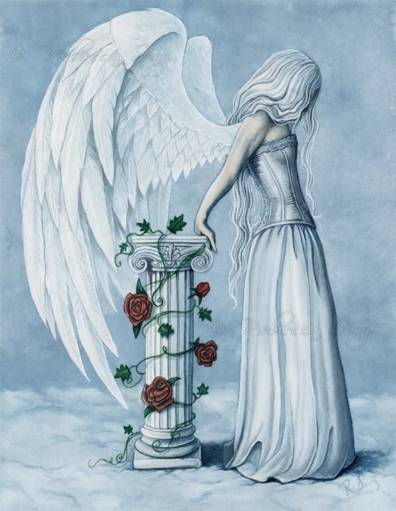 angel in a blue dress ORIGINAL Angel Painting Guardian Angels Praying Blue White Home Decor –  Contemporary Art by Christine main image 1