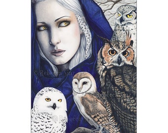 Wisdom ACEO Print Woman Shaman OWLS birds Artist Trading Cards ATC Fantasy Art Portrait Nature