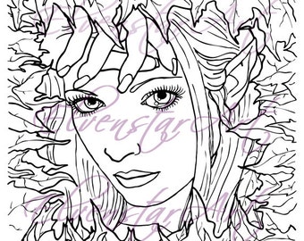 DIGI Stamp Printable Scrapbooking Card Making Crafts Fantasy Fairy Gothic Leaves Ivy Forest Fae Portrait Digital Stamp Download Coloring