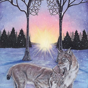5 of Pentacles Tarot Card Art PRINT Lynx Snow Winter Sunrise Trees Blue Pink Cold Watercolor Colored Pencil Animals Cats 4 SIZES 13 x 19 inches