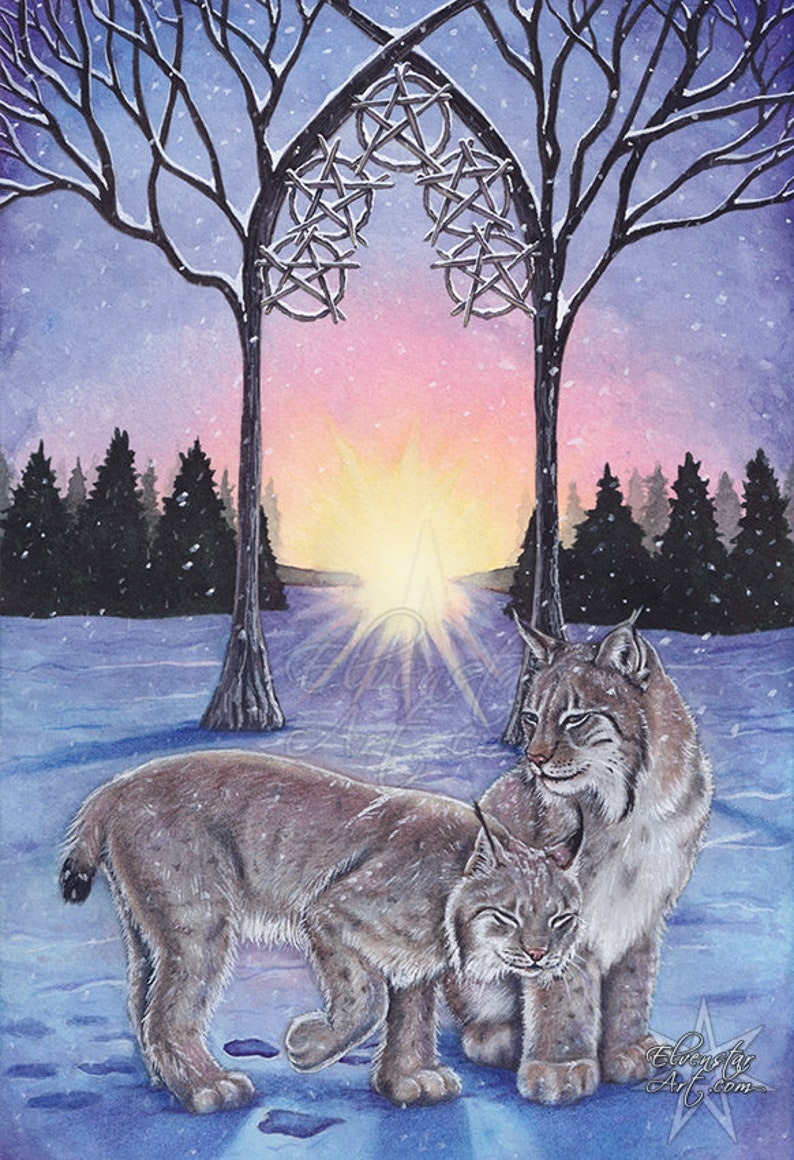 5 of Pentacles Tarot Card Art PRINT Lynx Snow Winter Sunrise Trees Blue Pink Cold Watercolor Colored Pencil Animals Cats 4 SIZES 13 x 19 inches