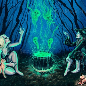 Witches&#39; Cauldron ORIGINAL Painting Fantasy Art Gothic Magic Magick Night Spells Green Glow Cat Spooky Acrylic Gouache