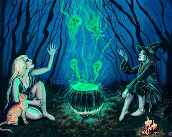 Hexenkessel ORIGINAL Malerei Fantasy Kunst Gothic Magie Magick Nachtzauber Grün Glow Katze Spooky Acryl Gouache