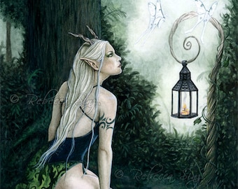 Woodland Magic PRINT Fantasy Art Elf Forest Magic Moths Magical Fairy Green Trees Foliage Lantern Light Blonde Woman 3 SIZES