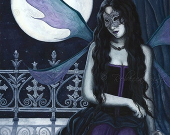 Midnight Masquerade ORIGINAL Malerei dunkel Gothic Fee Fantasy Kunst Maske Mond Nacht Flügel Korsett Blau Lila blasse Haut Haar