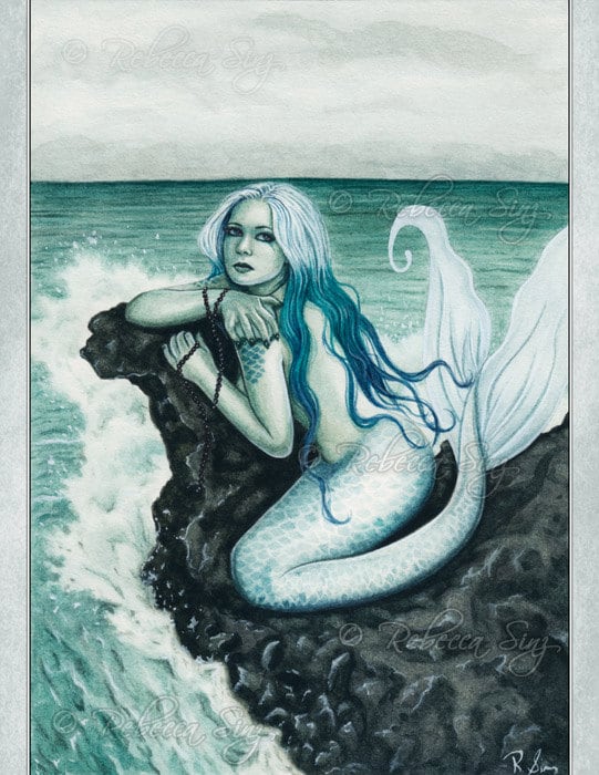 Gothic MERMAID Fantasy Art PRINT Sea Waves Teal Turquoise Hair Rock Ocean 