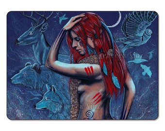 Spirit Guides ACEO Print Fantasy Art Shaman Woman Animals Magic Tribal Tattoos Wolf bear deer owl night moon Red Hair