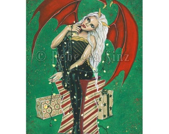 Naughty Or Nice ACEO Print Christmas Demon Wings Fantasy Art Lights Red Green Gold Gothic Presents Holiday Artist Trading Cards ATC