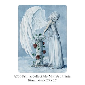 Impresión ACEO de Hope, ángel gótico, corsé azul, alas, columna, acuarela, artista, tarjetas coleccionables, ATC, arte fantástico, emoción