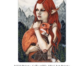 Il Protettore ACEO Stampa Volpe Elfo Fantasy Art Natura Artista Carte Collezionabili ATC Fantasy Art Montagne Arancioni Ritratto pelliccia