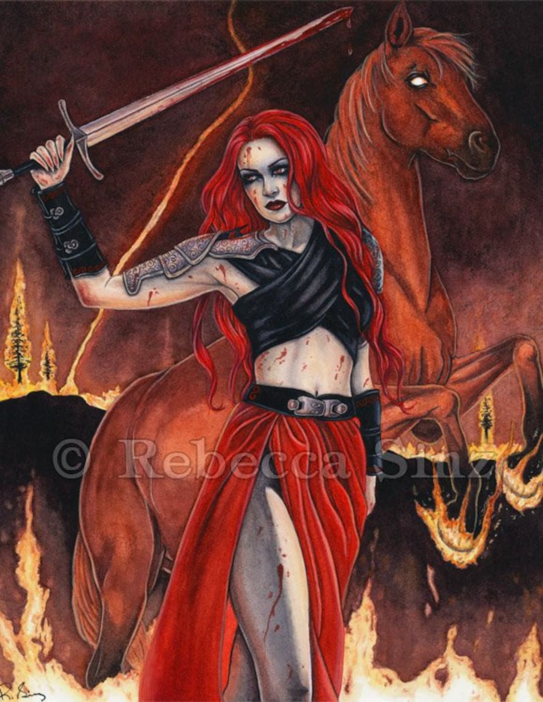 War PRINT Four Horsemen of the Apocalypse Fire Flames Armageddon Red  Warrior Sword Horse Gothic Fantasy Art Watercolor 4 SIZES - Etsy
