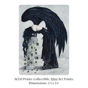 Desesperación ACEO impresión Ángel Arte Gótico Alas Negras Triste Emoción Acuarela Corsé Vestido Depresión Arte Fantasía Rosas Artista Tarjetas Intercambiables ATC