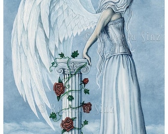 Hope PRINT Angel Blue Corset Emotion Gothic Fantasy Art Column Sky White  Wings Dress SIZES