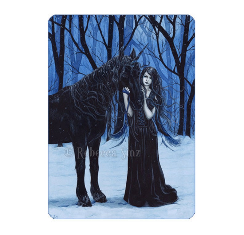 Midnight Travelers ACEO Print Gothic Fairy Unicorn Winter Fantasy Artist Trading Cards ATC Fantasy Art Blue Snow image 1