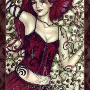 Bed of Skulls PRINT Gothic Fantasy Art Horror Corset Red Hair Ivy Cross Watercolor 3 SIZES